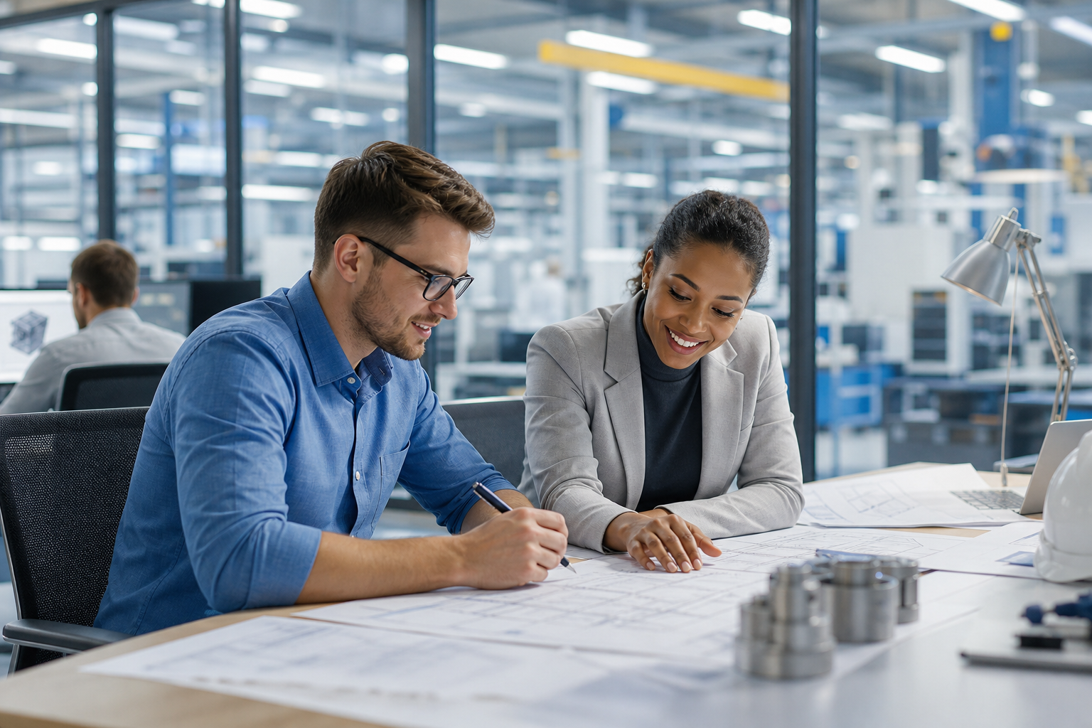 Engineering and manufacturing professionals reviewing plans