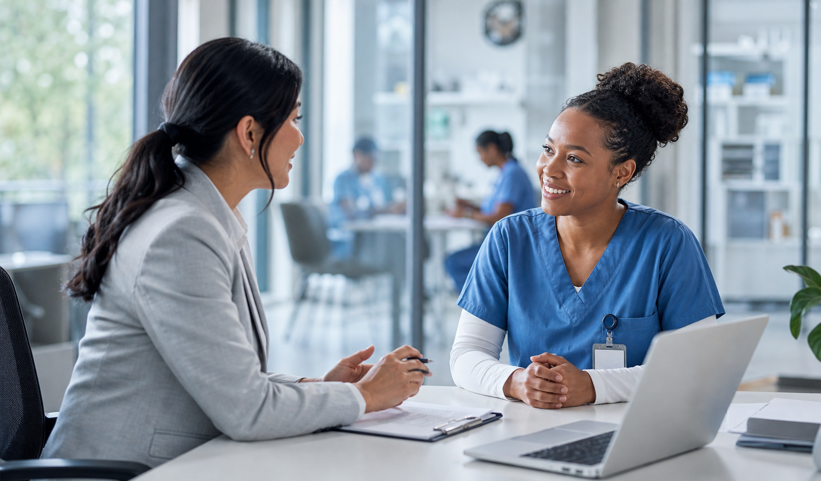 Healthcare staffing conversation in a clinical office